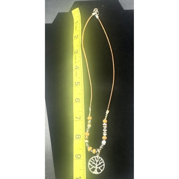 Metal Tree of Life Necklace W/ Brown Thin Leather & Beads 10” - Picture 4 of 4